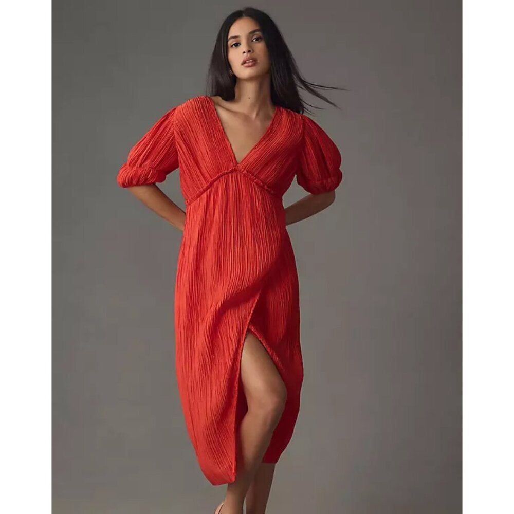 Anthropologie By Anthropologie V-Neck Pleated Slim Midi Dress